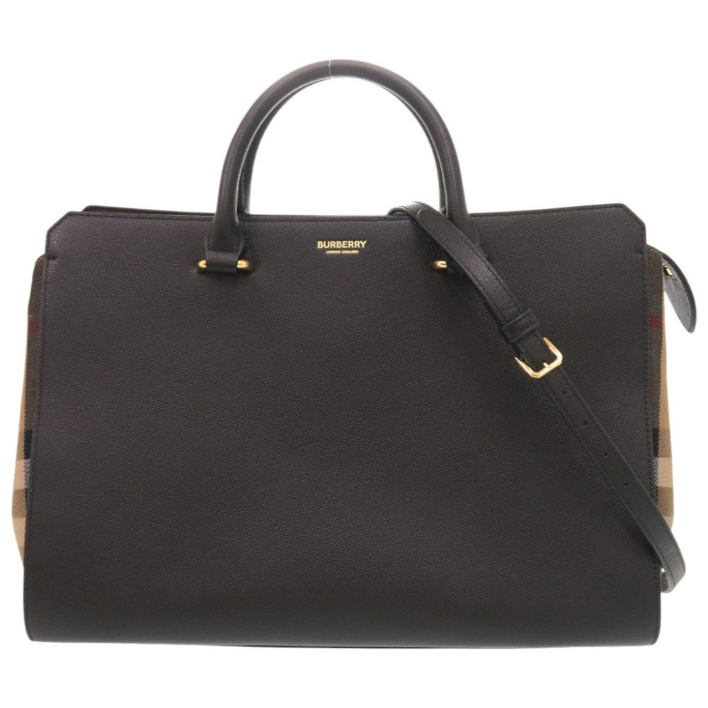 Burberry Banwell Check Pattern Leather Canvas Black 2-Way Handbag Shoulder Ba...
